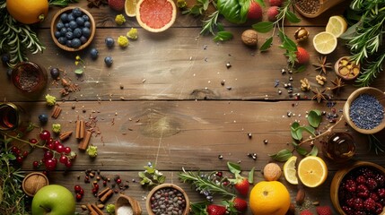 fresh fruits and herbs with copy space center  strong wooden background wallpaper