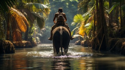 A traveler riding an elephant through the jungles of Thailand, experiencing the local wildlife and natural beauty. 