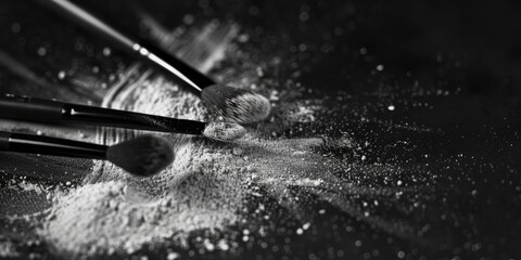 Close-up view of makeup brushes and powder on a table, ideal for beauty tutorials or product demonstrations