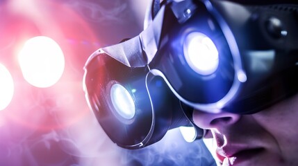 VR headset worn by a gamer, close-up on the eye lenses, immersive virtual reality experience. 