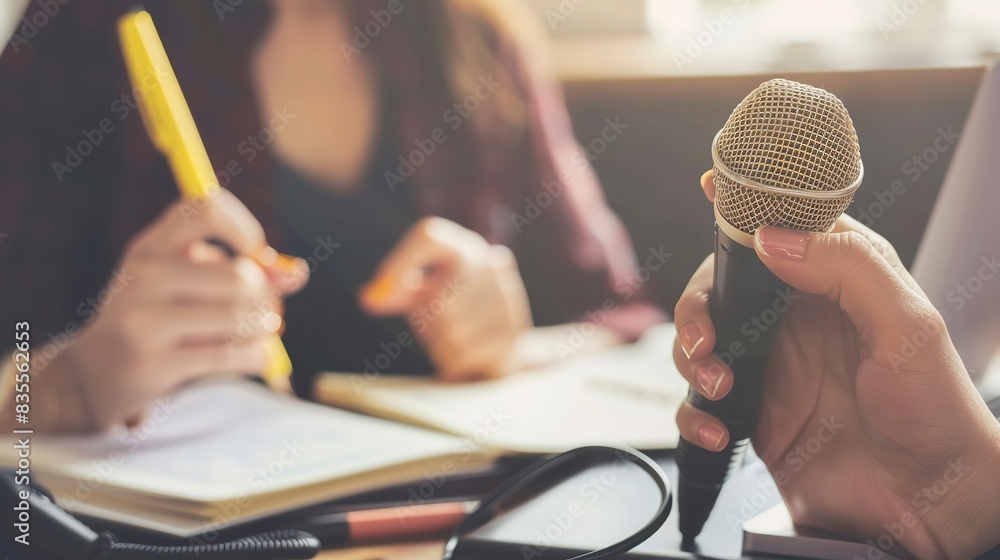 Poster teacher recording a lecture for an online course, close-up of microphone and script, content creatio