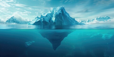 A massive chunk of ice breaks off from a glacier and floats in the open sea, with waves crashing against its sides