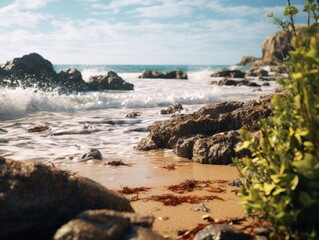 A scenic view of the ocean from a rocky beach, ideal for travel or outdoor lifestyle themes