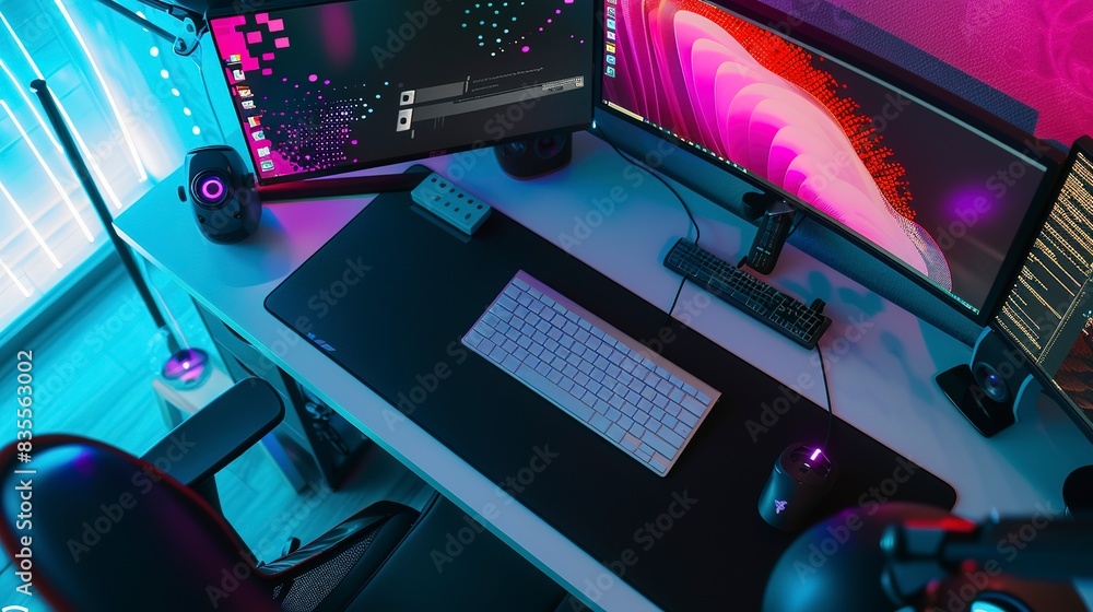Poster designer's tech workspace with dual monitors, close-up on ui design project, vibrant and creative se