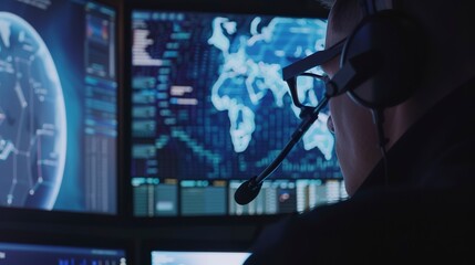 Close-up of a cybersecurity expertâ€™s monitors with live network threat maps, intense vigilance, strategic operations. 