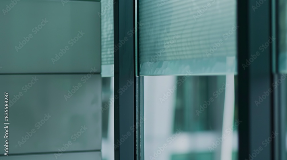 Poster smart glass window adjusting its opacity automatically, close-up, innovative use of smart materials 