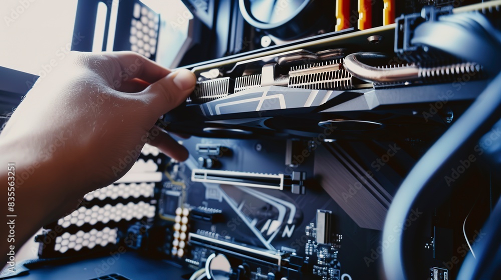Poster graphics card being slotted into a pc build, close-up, high-performance gaming and graphics processi
