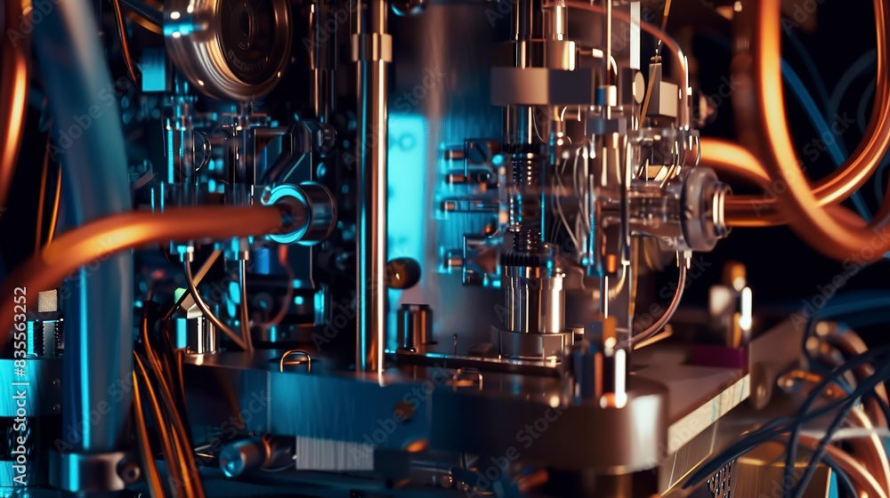Poster close-up of a quantum computer's cooling system, futuristic machinery, advanced computing power visi