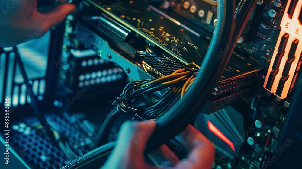 Poster graphics card being slotted into a pc build, close-up, high-performance gaming and graphics processi