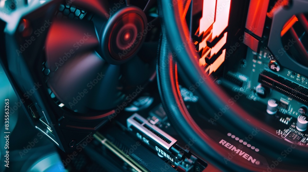 Poster graphics card being slotted into a pc build, close-up, high-performance gaming and graphics processi