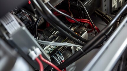 Obraz premium Power supply unit (PSU) being connected in a PC case, close-up, crucial for stable energy flow, wires in focus. 