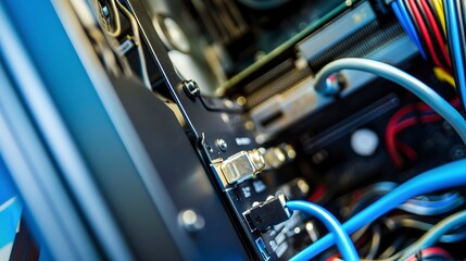 Fototapeta premium Power supply unit (PSU) being connected in a PC case, close-up, crucial for stable energy flow, wires in focus.