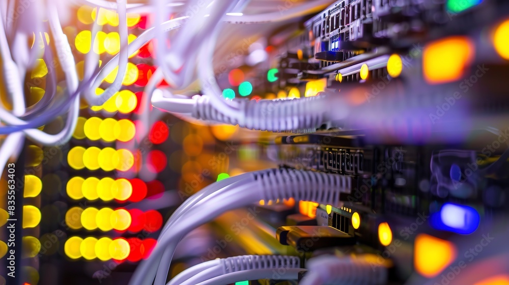 Poster networking card being installed in a server rack, close-up, essential for high-speed internet connec