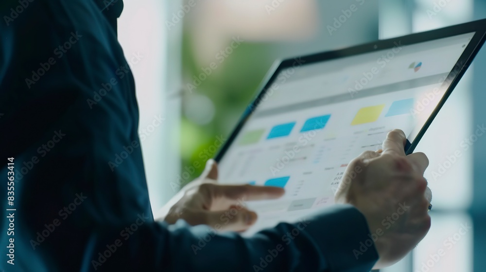 Poster close-up on a project manager coordinating a sprint meeting, digital kanban board displayed on a tab