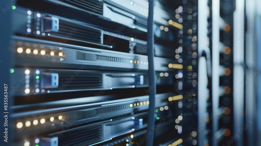 Poster detailed view of a server upgrade in a data center, close-up on new hardware being installed, tech e