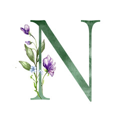 Floral Alphabet letter with botanical bouquet. Wedding watercolor hand painted invitations, daisy, sweet peas, herb, meadow flowers, greeting card, birthday, logo, poster 