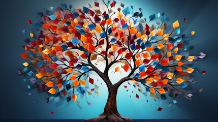 A tree with colorful leaves, each representing different facets of success like health, wealth, and happiness  