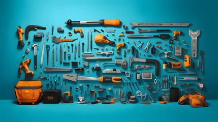 Fototapeta premium Top view design concept of Father's day with working tools on blue background. 