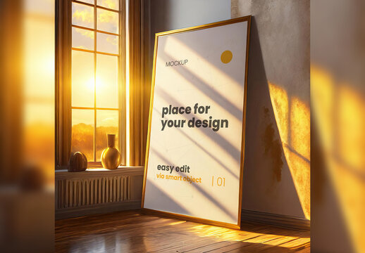 Golden Light 3d Style Poster Frame Mockup 02 Generative Ai