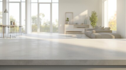 Fototapeta premium Empty white tabletop in a modern living room with large windows.