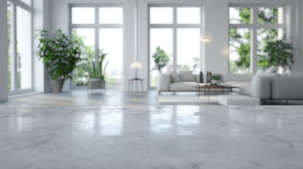 Fototapeta premium White marble countertop in modern living room with large windows.