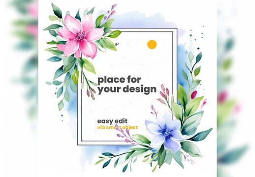 Illustrated Poster Frame Mockup with Plants and Flowers Generative Ai