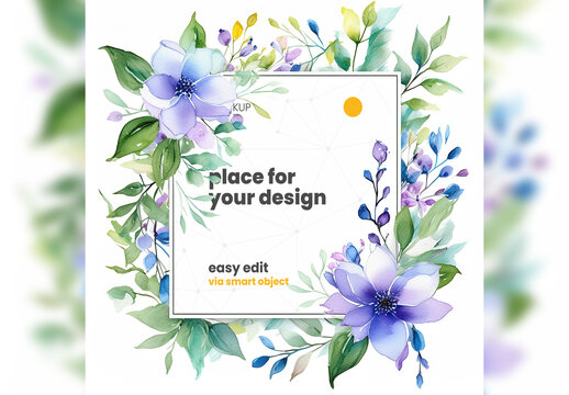 Illustrated Square Poster Frame Mockup with Plants and flowers Generative Ai
