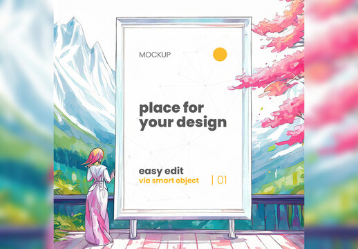 Japanese Comic Style Illustration Poster Billboard Mockup Generative Ai