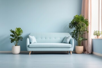 Interior home of living room with blue sofa and green plants on pastel blue wall copy space, plywood floor © free