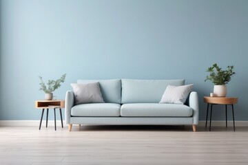 Interior home of living room with blue sofa and green plants on pastel blue wall copy space, plywood floor