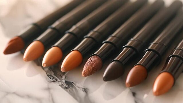 A close-up of a row of brown eyeshadow sticks on a white marble surface.