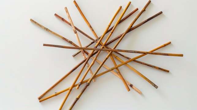 Mikado sticks spread out on a white surface