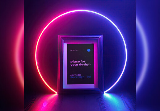 Neon Circle Lights Futuristic Design Poster Image Mockup 02 Generative Ai