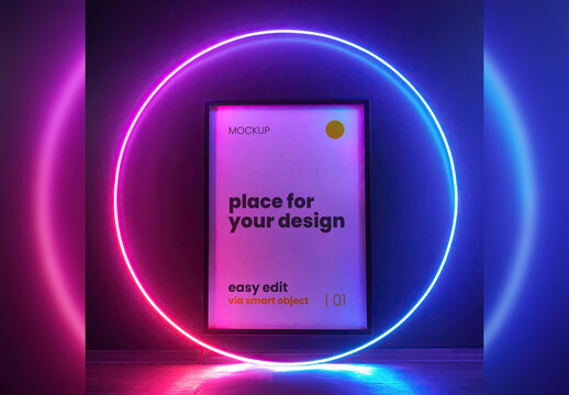 Neon Circle Lights Futuristic Design Poster Image Mockup 04 Generative Ai