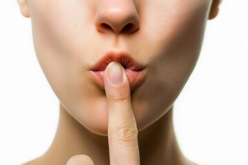 Obraz premium Close-up of a woman with her finger on her lips, signaling for silence. Isolated on a white background.