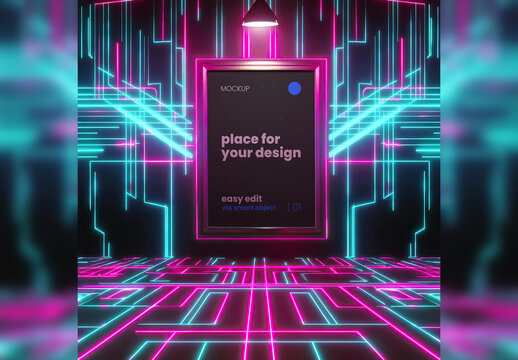 Neon Lights Lost in Space Style Poster Frame Mockup 02 Generative Ai