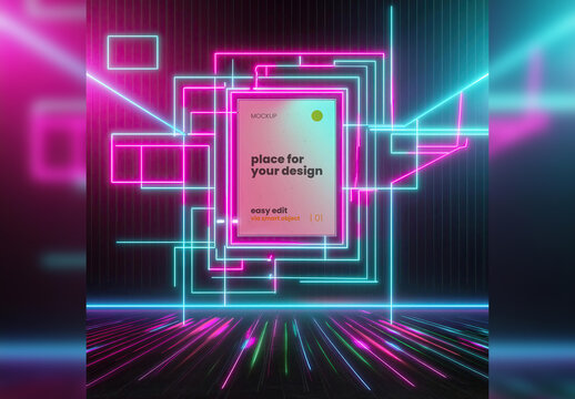 Neon Lights Lost in Space Style Poster Frame Mockup Generative Ai