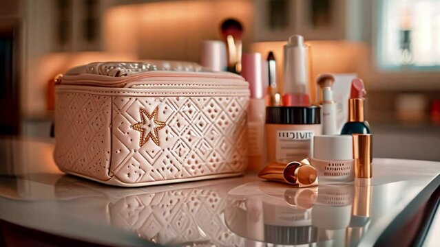 A white makeup bag with a golden star design sits on a table, surrounded by various cosmetics.