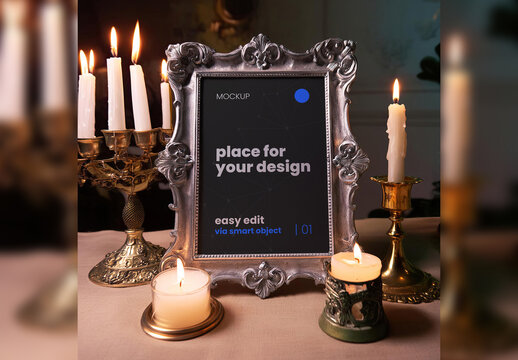 Ornament Frame Mockup with Candles Generative Ai