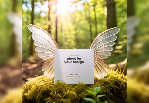 Page Mockup with fairy wings in the forest 03 Generative Ai