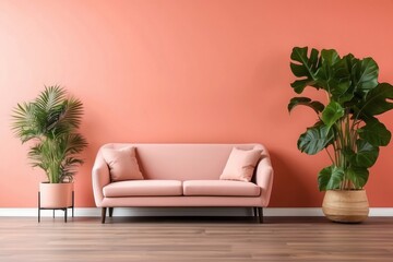 Obraz premium Interior home of living room with sofa and green plant on coral color wall copy space, hardwood floor