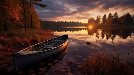 boat in small lake, fall, sunset, landscape photography, generative ai