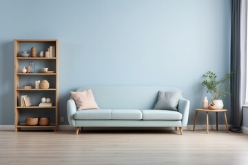 Interior home of living room with sofa and shelf on pastel blue wall copy space