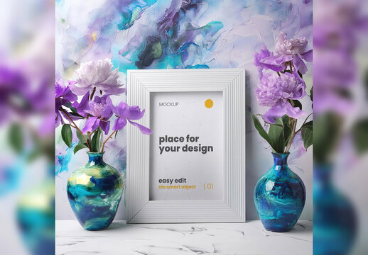 Paint and Flower Vase Scene Portrait Mockup Generative Ai