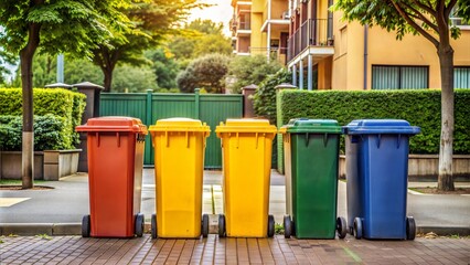 four trash on street with household garbage, Front view,  waste sorting, waste collection area