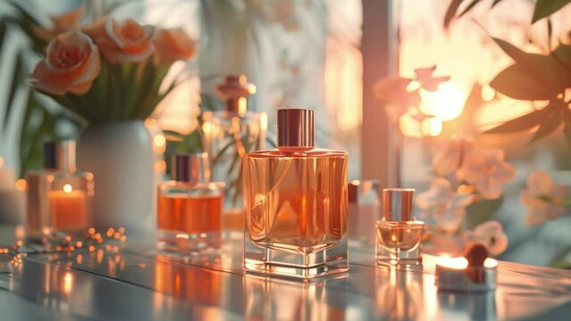 A collection of perfume bottles sit on a table, bathed in the warm light of a sunset. A bouquet of flowers sits in a vase in the background.
