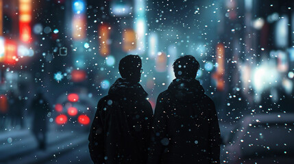 Naklejka premium Silhouettes of two men on blurred neon background at night