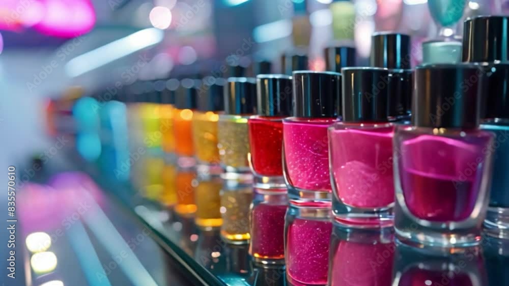 Poster A close-up shot of colorful nail polish bottles displayed on a shelf in a store. The bottles are arranged in a row, with the colors transitioning from light to dark.