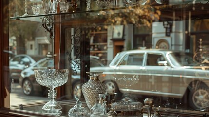 A closeup of the shop window showcasing various home decor items, including glassware and decorative accessories.