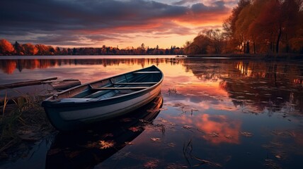 boat in small lake, fall, sunset, landscape photography, generative ai